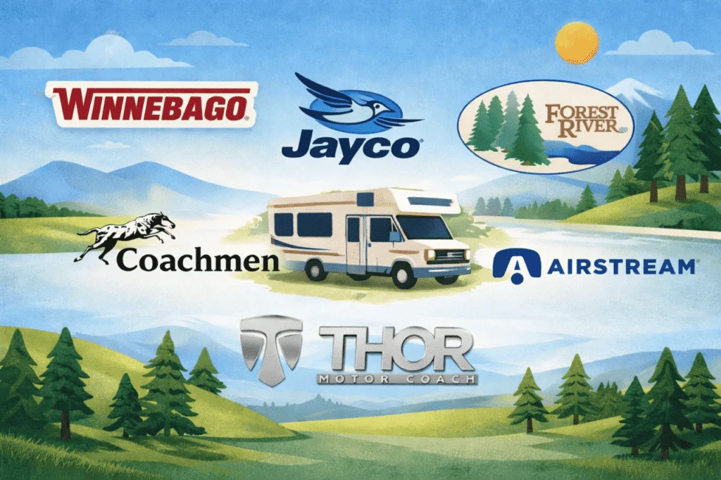 Best RV brands for new and old buyers showcasing top manufacturers with a range of travel trailers, motorhomes, and fifth wheels for different budgets and experience levels