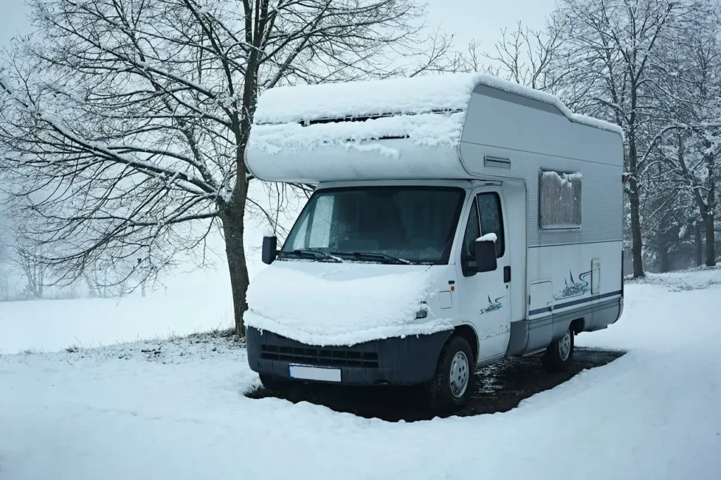 Best RVs for Winter Travel, showing a well-insulated motorhome designed for cold weather conditions and snowy environments.