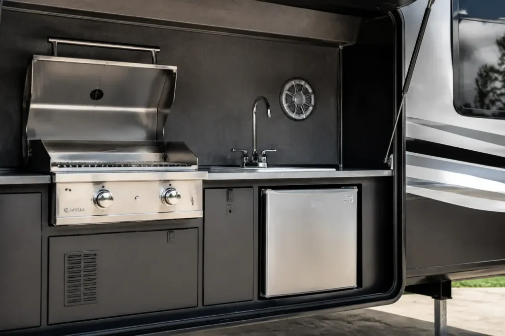 Best RVs with outdoor kitchens, featuring travel trailers and motorhomes with exterior cooking areas and convenient camping amenities.